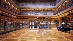 漂亮的现代豪华大学图书馆内部，完美的书架，没有人.
