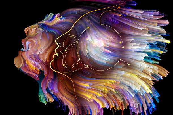心灵多样性系列。两个人头的轮廓- -一个是彩色的，一个是线条的，主题是创造力、想象力和内心世界.
