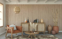 带板条木墙和木制家具的客厅，3D渲染