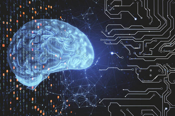 数字蓝色人工智能大脑在多边形连接背景。人工智能和创新概念。3D渲染