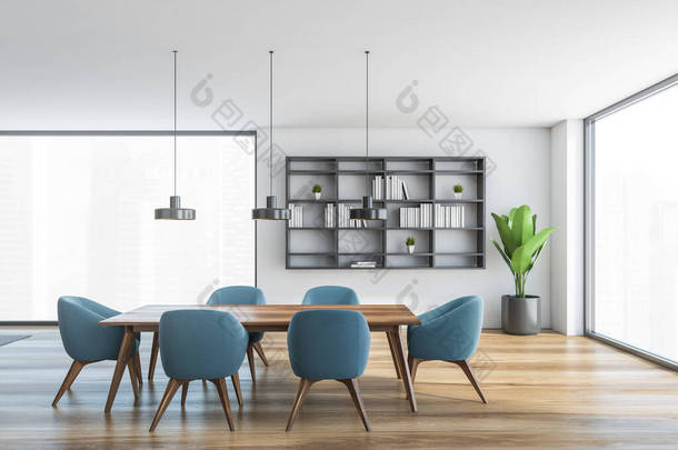 白色和木制的大厅，蓝色的椅子和有城市视野的大窗户的桌子。现代平面三维渲染的开放空间大厅里的灰色书架和植物，没有人