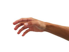 人的手处于伸出手去触摸或承担白色背景的姿势