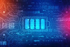具有数字背景的电池图标、电池供应概念背景、能效概念、替代能源概念背景