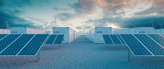 现代的氢储能系统伴随着大型太阳能发电厂和风力涡轮机停车场，在阳光灿烂的夏日下午，蓝天和分散的云。3d渲染.