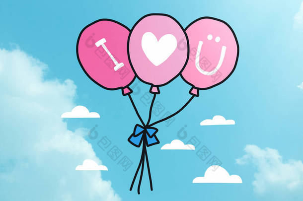 真正多云的天空，画满了云彩，粉色气球，还有<strong>我</strong>的心你的符号