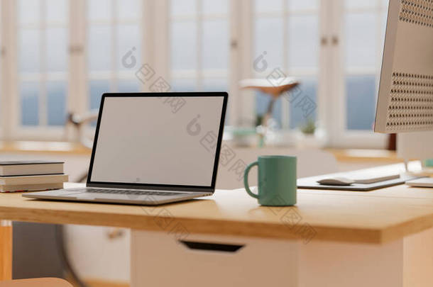 3D渲染，在木制写字台上装有模拟屏幕的笔记本电脑，在舒适的<strong>办公</strong>室提供用品，3D插图