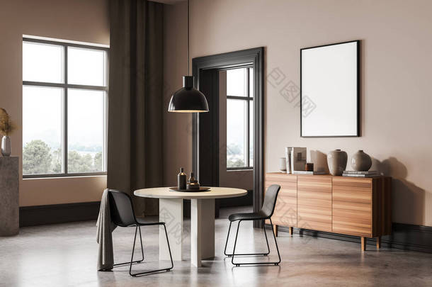 米色客厅，有两张椅子和<strong>白</strong>色的圆桌，艺术房间，混凝土地板上有冷气。空<strong>白模</strong>型复制空间画布，3D渲染