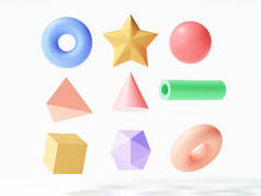 一组色彩艳丽的3D对象元素，圆环，恒星，球体，三角形，管子，立方体在孤立的白色背景上。3D渲染说明