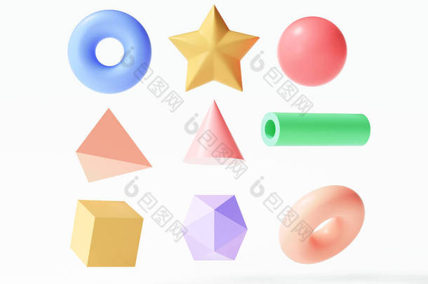一组色彩艳丽的3D对象元素，<strong>圆环</strong>，恒星，球体，三角形，管子，立方体在孤立的白色背景上。3D渲染说明
