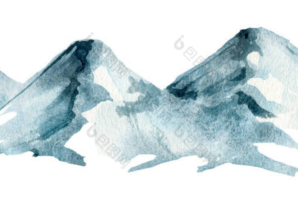 山地景观水彩画.手绘雪山元素。落基山脉在白色背景下隔绝的山脉