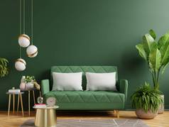 室内装饰绿墙与绿色沙发在客厅，3D渲染
