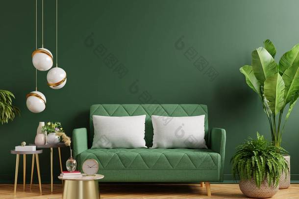 室内装饰绿墙与绿色沙发在客厅，3D渲染