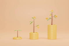 3D渲染。硬币将生长图与树堆叠在一起.商业投资银行的概念.