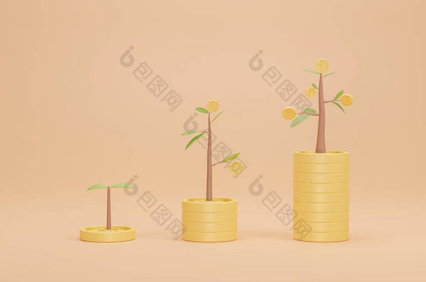 3D渲染。硬币将生长<strong>图</strong>与树堆叠在<strong>一</strong>起.商业投资银行的概念.