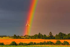 彩虹与风力涡轮机，绿色能源概念