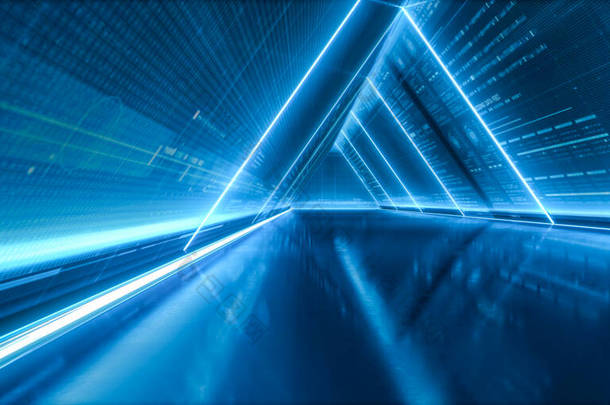 未来的宇宙<strong>飞船</strong>走廊。摘要现代背景。有光的三角形隧道。<strong>科幻</strong>走廊的概念。3d渲染.