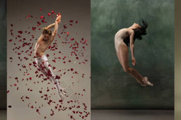 男演员和女芭蕾演员的肖像<strong>拼</strong>凑在<strong>一起</strong>，在黑暗的复古背景下跳舞。艺术、戏剧、美的概念和创造力