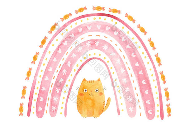 粉色彩虹和丰满的姜汁猫可爱的水彩画.