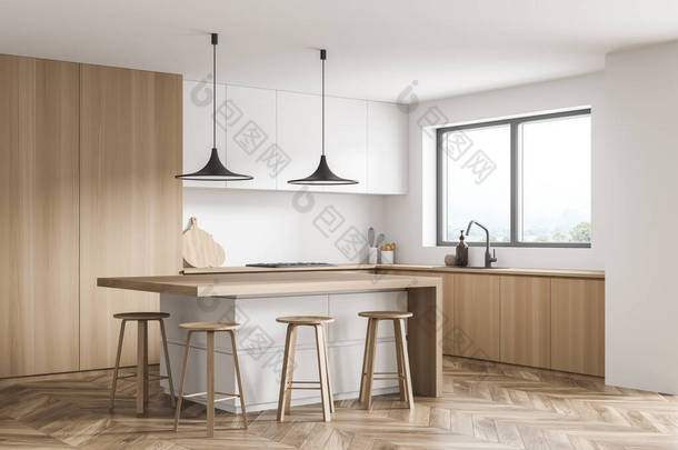 厨房空间与木制地板和家具，白色的内部细节和墙壁，两个黑色吊灯和一个洗涤窗。现代室内设计的概念。3d渲染