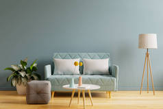 室内模型，沙发在客厅与空蓝色的墙背景。 3D渲染