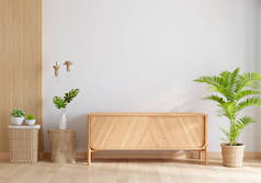带复制空间的客厅的木制餐具柜，3D渲染