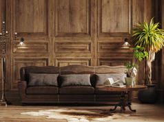 深色舒适的室内环境，木制壁板，棕色沙发和花朵，3D渲染