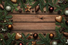 圣诞背景，用装饰过的枞树枝条和雪橇铃铛做成的框架