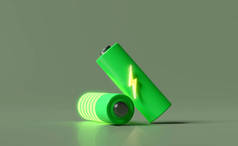 在绿色背景下隔离的电池充电指示器。充电电池技术概念，3D说明，3D渲染