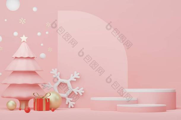 3D展示Podium的产品和<strong>化妆品</strong>展示与<strong>圣诞</strong>快乐和新年快乐的概念。现代几何。模拟和展示品牌的平台.