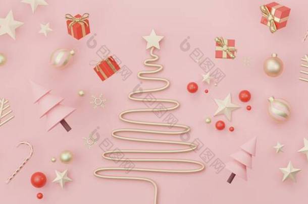 三维横幅展示产品和化妆品，与圣诞快乐和新年快乐的概念。现代几何。模拟平台
