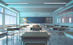 没有学生的教室，有椅子、课桌和黑板