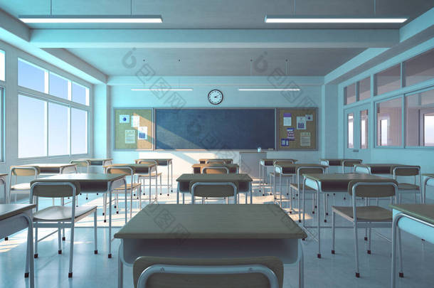 没有学生的教室，有椅子、<strong>课桌</strong>和黑板