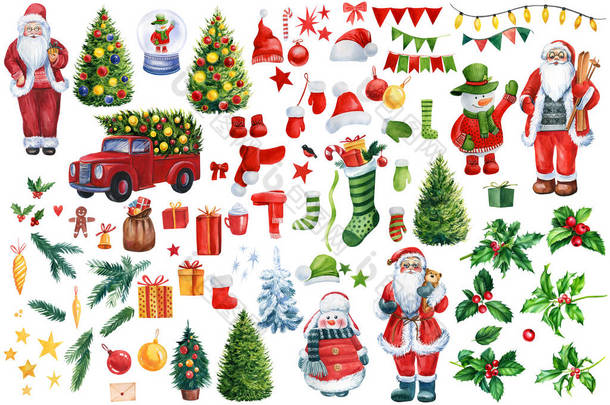 设置冬季设计元素。圣诞老人，圣诞老人，圣诞树，红色轿车，雪球和雪人。白色背景上孤立的水彩画.高质量的例证