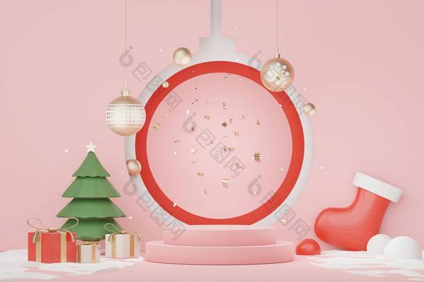3D展示Podium的产品和化妆品展示与圣诞快乐和新年快乐的概念。现代几何。模拟和展示品牌的平台.