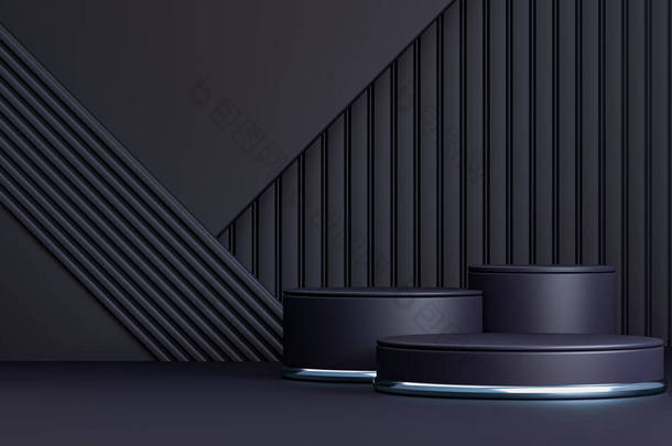 3D渲染黑暗讲台工作室在地板上几何形状平台的产品推广