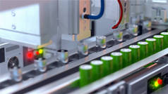 生产锂离子电池的输送机生产线.生态能源。3D插图。3D渲染.