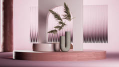 灰色的弧形，干枯的枝条和玻璃屏风在粉红的背景与小棕榈树。最小的设计。3d渲染.