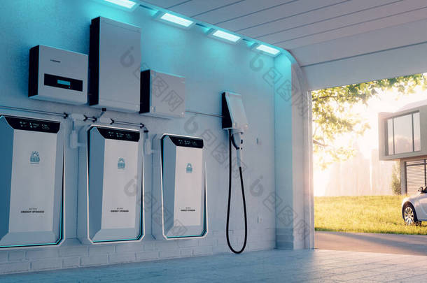 家庭蓄电池的概念位于一个背景阳光灿烂的车库，有草坪车、家庭住宅和大城市。3d渲染.