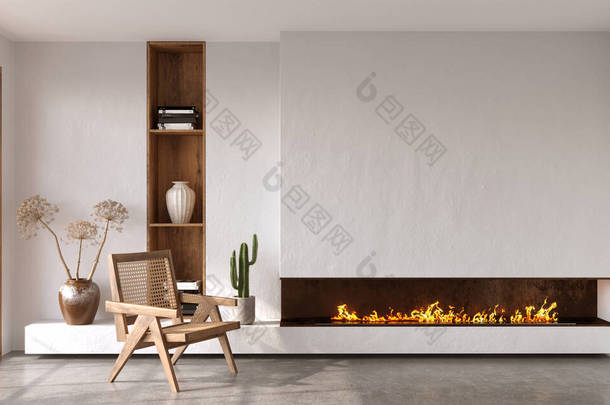 Minimalist living room interior with modern fireplace and white walls. Interior <strong>mockup</strong>, 3d render