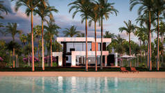 3D展示现代化舒适的房子，配有游泳池和停车场供出售或在海边以豪华风格出租。傍晚时分，热带岛屿上，碧绿的海岸上，长着棕榈树和花朵，夕阳西下