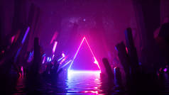 3D渲染，抽象的霓虹灯背景与发光的激光三角形框架，水晶下的星空和反射在水中。未来的地形，幻想的风景