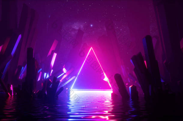 3D渲染，抽象的霓虹灯背景与发光的激光三角形框架，水<strong>晶</strong>下的<strong>星空</strong>和反射在水中。未来的地形，幻想的<strong>风景</strong>