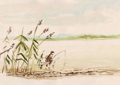 河岸上的渔夫，水彩画，苏美尔