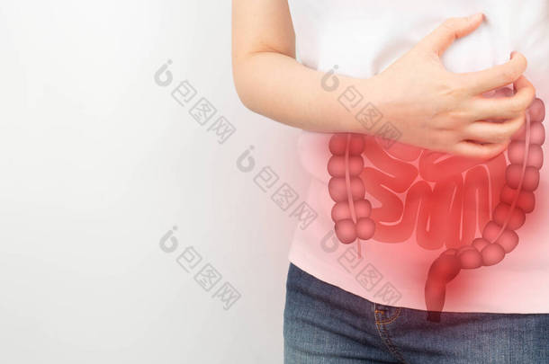 腹部疼痛的妇女，小肠和大肠器官形状。消化道问题包括结肠炎、 IBS或结肠癌。结直肠疾病意识概念.