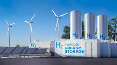电站储氢蓄电池,配有太阳能发电厂和风力涡轮机.3D插图