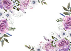 几何花框与紫色玫瑰和海葵在玻璃花瓶在白色孤立的背景。手绘水彩画