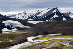 冰岛高地美丽的风景，夏季有积雪覆盖的高山和天然溪流.