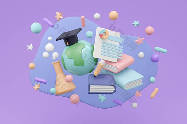 关于紫色背景的全球在线教育的概念，3D渲染手持地球和带着毕业帽的学习元素。3D渲染插图<strong>卡通</strong>风格.