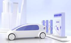 现代汽车的氢H2和充电站，未来城市的加油服务，城市景观背景下的混合动力汽车，城市汽车的生态燃料销售，3D渲染