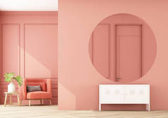 时尚的现代公寓和时髦家具的内部，木地板扶手椅和空虚的圆形墙壁和典雅的配件。家居装饰，3D渲染，3D插图